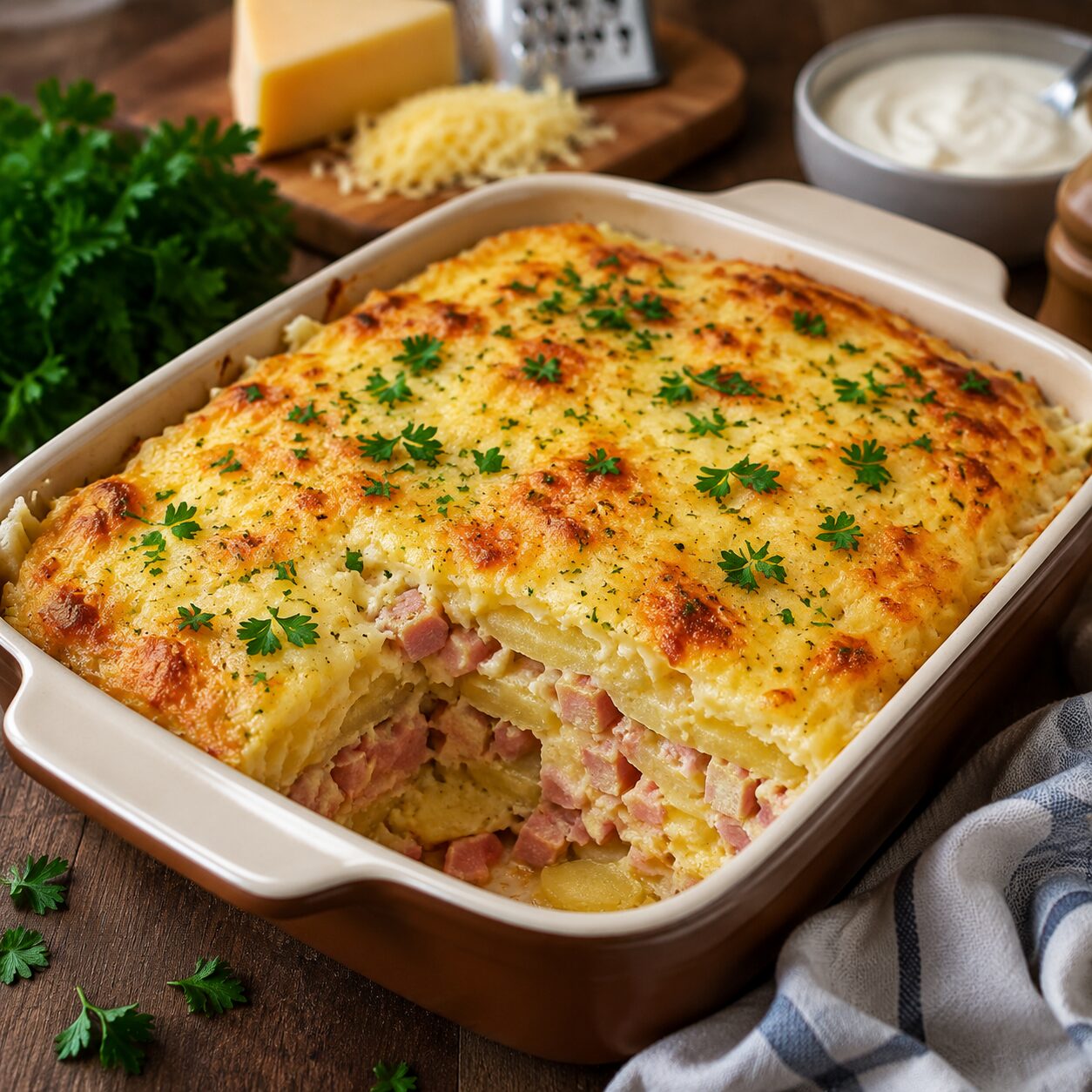 Картофельная запеканка с колбасой и сыром