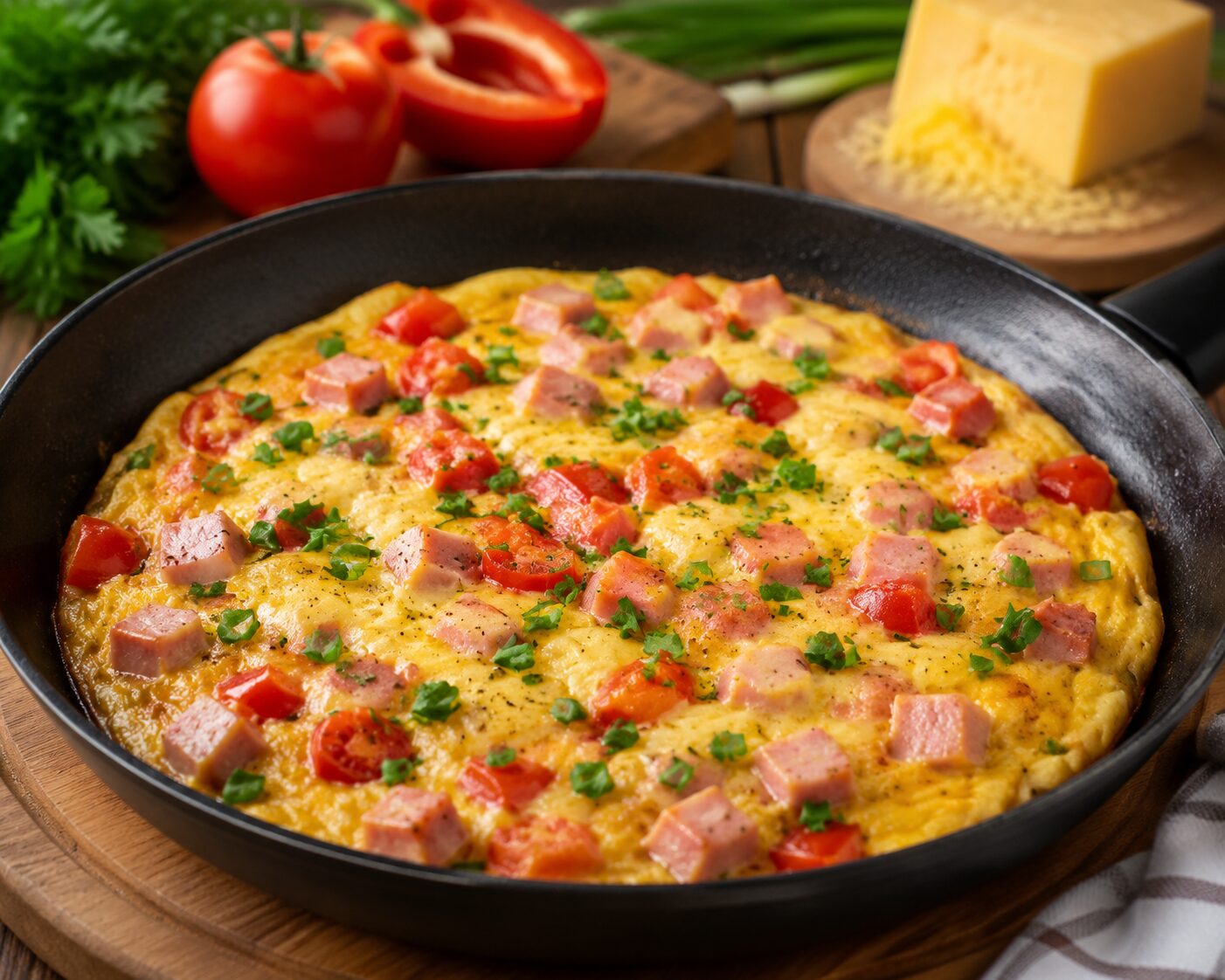 Омлет с колбасой, сыром и овощами