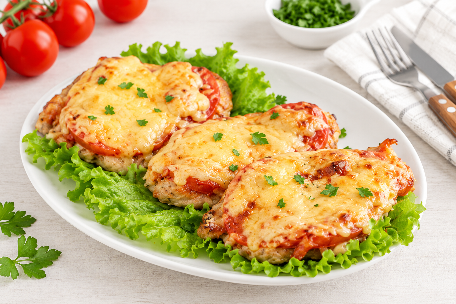 Сочный эскалоп с помидорами и сыром в духовке