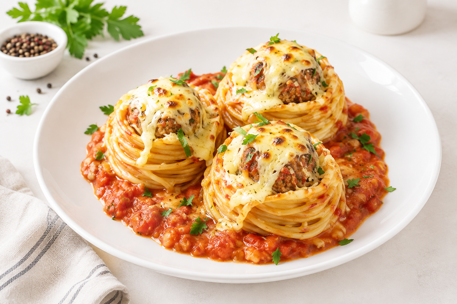 Спагетти с мясными ёжиками под сыром